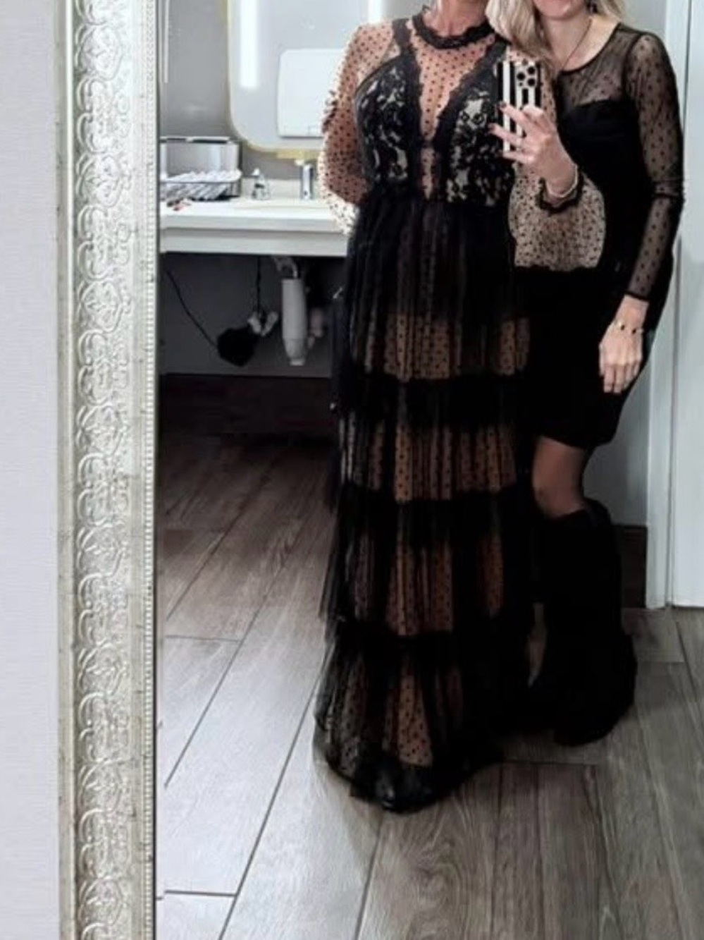 Black Sheer Polka Dot Tiered Maxi Dress